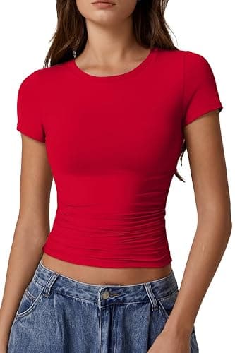 QINSEN Short Sleeve Shirts for Women Round Neck Basic Double Lined Tees Fitted Y2k Crop Tops - Image 1