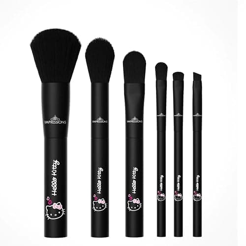 Impressions Vanity 6 PCs Hello Kitty Just Slay Makeup Brush Set, Super Cute Soft Brushes for Foundation, Face Powder, Make up Blending, Eye Shadow, and Liner Application (Black) - Image 1