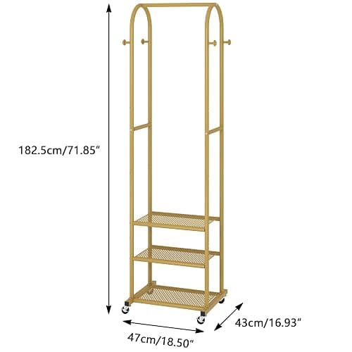 Kaitiemoo Heavy Duty Clothing Rack with Wheels,Modern Garment Rack with 3 Metal Shelves, 71.8Inches Display Rack for Hanging Clothes, Hanging Rod for Small Space,Gold thumbnail 3