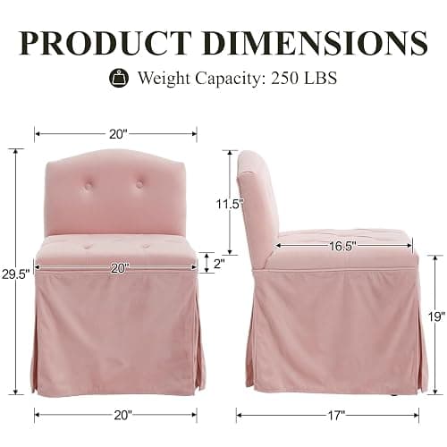DM Furniture Pink Velvet Makeup Vanity Chair with Back & Wheels | Upholstered Skirted Vanity Stool, Metal Legs, Armless, Swivel Slipper Accent Chair, Rolling Desk Chair, Living Room, Bedroom thumbnail 2