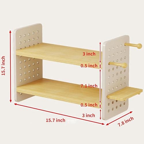 Halyuhn Wood Desk Shelf Organizer, 2 Tier Desktop Bookshelf for Home and Office Supply, Wooden Desktop Organizer with Pegboard Design, Adjustable Display Shelf for Computer Desk thumbnail 2