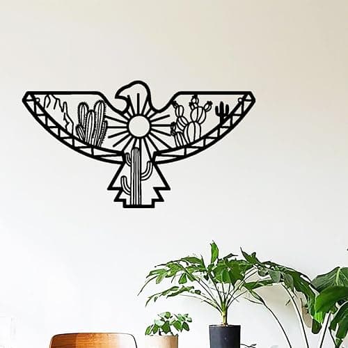 Metal Aztec Cactus Desert Southwestern Wall Decor Native American Eagle Wall Art for Home Bedroom Living Room Black (Black) thumbnail 3