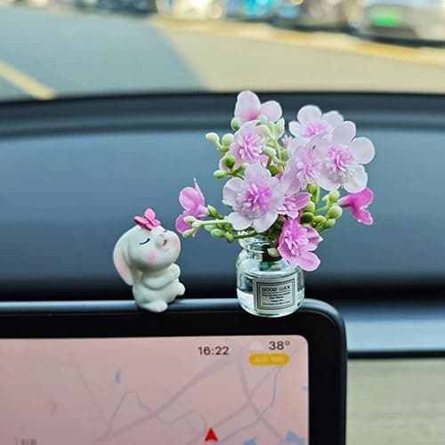 Generic Set of 2 Cute Mini Bunny and Peach Blossom in Flower Vase Car Rearview Mirror Ornaments Funny Dashboard Decorations Kawaii Car Interior Accessories for Women Gifts thumbnail 3