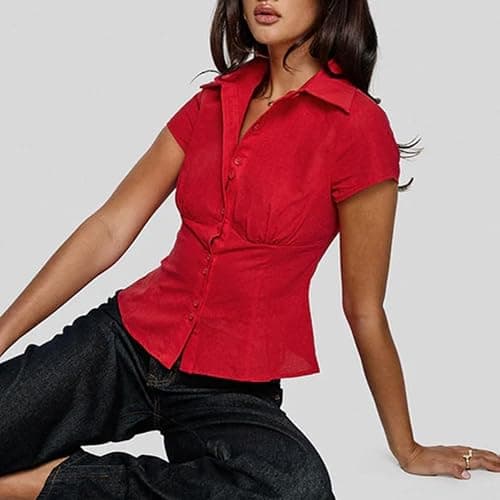 Women Y2k Short Sleeve Button Up Shirt Lapel Collar V Neck Plaid Open Front Blouse Basic Casual Going Out T-Shirt thumbnail 5
