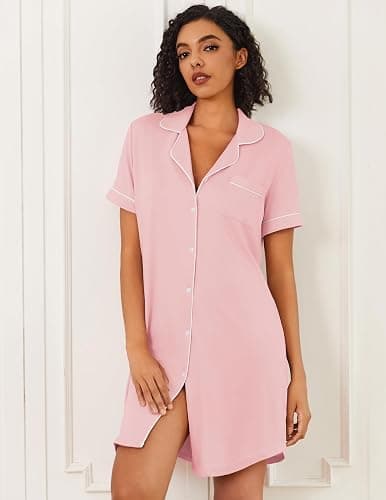 Ekouaer Nightgowns for Women Bamboo Viscose Sleep Shirts Button Down Night Shirt Short Sleeve Boyfriend Pajama Dress thumbnail 2