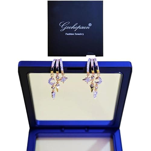 Gold Dangle Earrings Stack for Women Trendy, Dainty 14K Gold Plated Hypoallergenic Triple Huggie Moon and Star Celestial Small Hoop Drop Earrings Cute Statement Valentine Earrings Jewelry aretes de mujer thumbnail 4