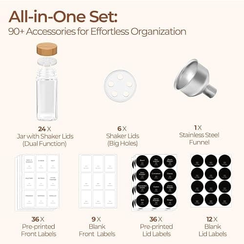 ComSaf Spice Jars with Lids and Labels 24 Pack, 120ml Square Glass Spice Containers with Bamboo Lids, Metal Funnel & Dual-Function Shaker Inserts, Herb & Seasoning Jar for Home Rack, Drawer, Organiser thumbnail 5