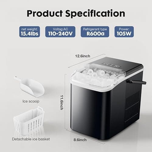 Sweetcrispy Countertop Ice Maker with Scoop, Basket and Handle, Portable Ice Machine 9 Cubes Ready in 6 Mins, 26.5lbs in 24Hrs, 2 Sizes for Home Kitchen Office Bar Party, Coal Black thumbnail 4