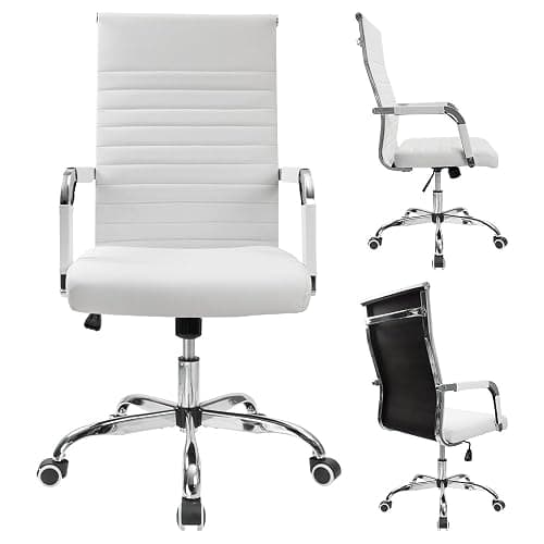 Furmax Ribbed Office Desk Chair Mid-Back PU Leather Executive Conference Task Chair Adjustable Swivel Chair with Arms (White) thumbnail 4