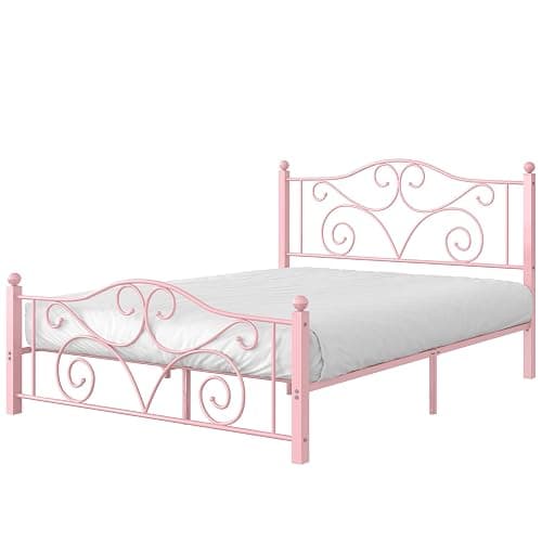 VECELO Queen Size Bed Frame with Headboard and Footboard, Heavy Duty Metal Slat Support, Platform Mattress Foundation, No Box Spring Needed, Easy Assembly, Light Pink thumbnail 6