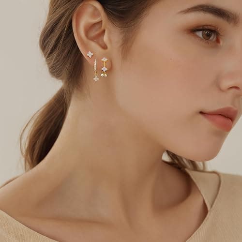 QUINBY Dainty Opal Earrings Dangle Hoop Earrings For Women,Hypoallergenic Earring Sets For Multiple Piercing,14k Gold Plated Earring Stacks For Sensitive Ears - Golden thumbnail 3