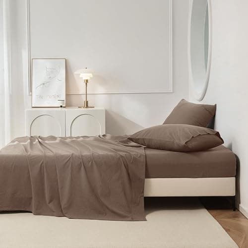 JIYUAN 100% Washed Cotton Sheet Set 4 Pieces King,1 Fitted Sheet,1 Flat Sheet and 2 Pillowcases,Comfy and Breathable Linen Like Bedding Set,Light Brown thumbnail 5