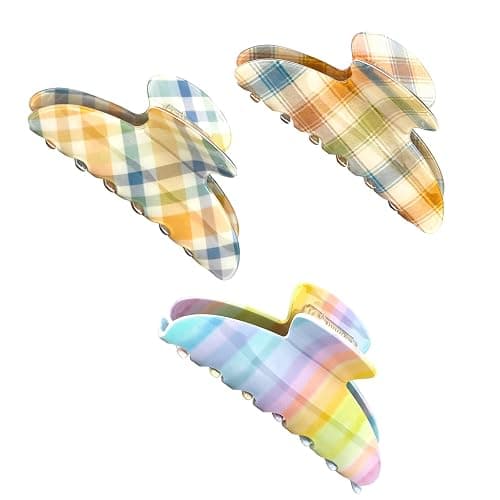 3Pcs Rainbow Plaid Hair Clips for Women Large Striped Hair Clip Cute Colorful Plaid Claw Clips Non Slip Hair Claw Clips for Daily Travel Beach Vacation - Image 1