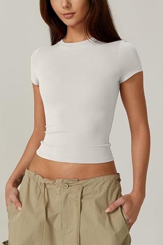QINSEN Women's Crew Neck Short Sleeve Double-Layer Tops Basic Slim Fit Going Out T Shirt thumbnail 5