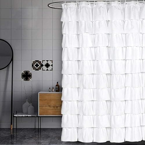 Volens White Shower Curtain Fabric Ruffle for Bathroom,72in Long - Image 1