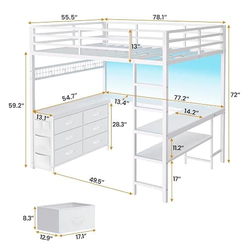 ADORNEVE Loft Bed Full Size with U-Shaped Desk, 6 Storage Drawers, Power Outlet, LED Metal Loft Bed with 2 Storage Shelves, Bed with Safety Guardrail & Ladders,Space-Saving,White thumbnail 2
