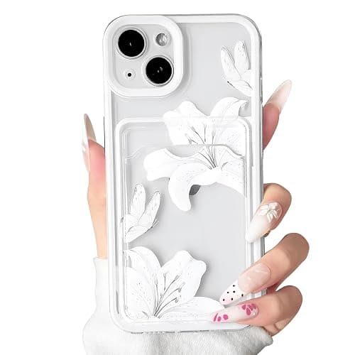 NITITOP Compatible for iPhone 13 Case Cute Lily Flower - White | Clear, Floral, Butterfly, Wallet, With card holder, Color Frame shockproof, For Women Girl, Soft TPU, Shockproof, Waterproof - Image 1