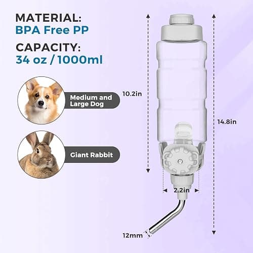 Vannon Dog Water Dispenser for Cage, 34oz Auto Feeding Crate Water Bottle for Dogs, Cats & Rabbits, Pet Nozzle Diameter: 12mm, BPA Free, Grey thumbnail 6