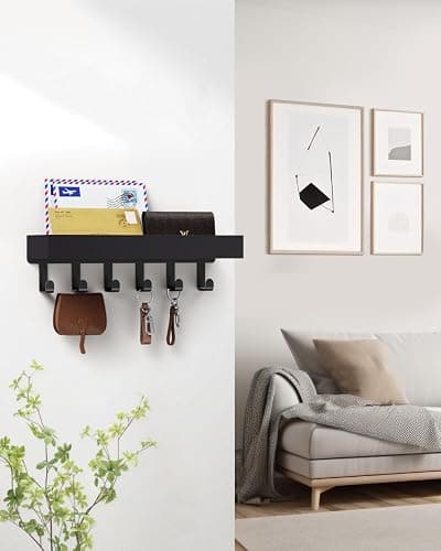 Key Holder Wall Mount Adhesive Magnetic - Hanging Key Hooks with Mail Organizer Tray for Wallet House Accessories - Keys Hanger Rack with Shelf for Camper Entryway Door Home Living Room Decor Black - Black - Medium thumbnail 4