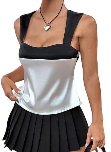 SHENHE Women's Satin Tie Back Tank Top Color Block Wide Strap Scoop Neck Silky Top thumbnail 2
