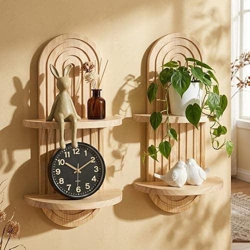 Nacidooka 23.6" Boho Arched Wall Shelves Set of 2 Mid Century Plant Shelves | 2-Tier Natural Wood Floating Shelves Decorative Wall Plant Holder for Home Living Room Bedroom Bathroom Entryway Office - Image 1