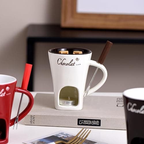 Ceramic Fondue Pot Set,Chocolate Fondue Mug with Forks,Ceramic Fondues Cup Gift Set,Butter Warmer Pot,Fondues Pot Melting Pot Set,Melt Hot Pots Bowl Set for Cheese Chocolate Butter(White) thumbnail 6
