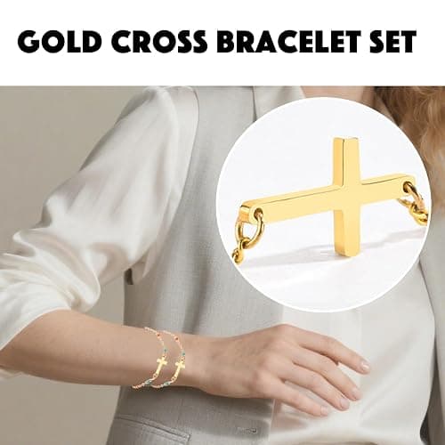 KERDEETE Gold Cross Bracelet for Women, 2 PCS Prayer Bracelet, Religious & Christian Bracelets for Women,Colorful Beaded Cross Bracelet as Gift for Friends/Mom/Sister/Daughter thumbnail 2