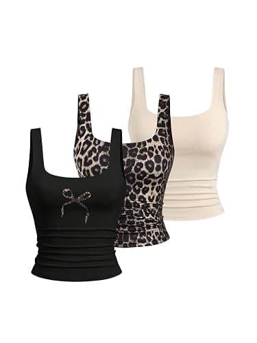 SweatyRocks Women's 3 Pack Tank Tops Camo Leopard Print Square Neck Sleeveless Summer Fitted Tops - Image 1