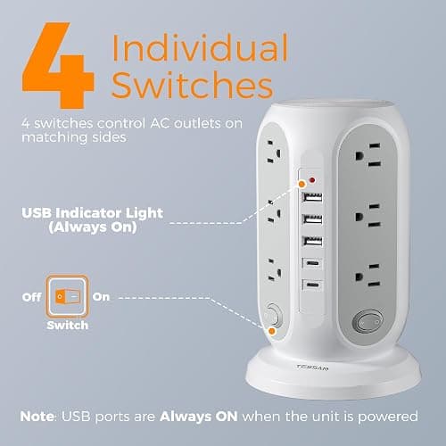 TESSAN Tower Power Strip with Individual Switches, 12 Outlets and 5 USB Ports(2 USB C), Flat Extension Cord 10 Ft, 1250W, Charging Station for Multiple Devices, Office, Dorm, Grey thumbnail 3