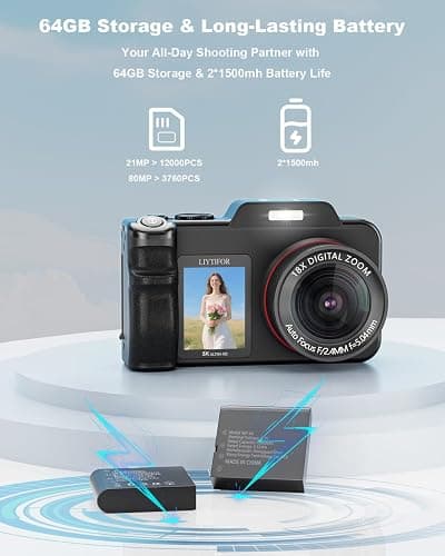 5K Digital Camera for Photography, 80MP 3.5"+2" Dual Screen for Self-Framing 18X Zoom Autofocus Vlogging Camera for YouTube/Content Creators/Travel, Includes 64GB Card + 2 Batteries & Flash, LIYTIFOR thumbnail 8