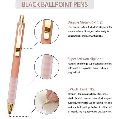 Linbsunne Ballpoint Pens Black Medium Point 1mm Pen with Super Soft Grip Ball Point Pen for Men Women Retractable Pens (gold-12 pcs) thumbnail 2