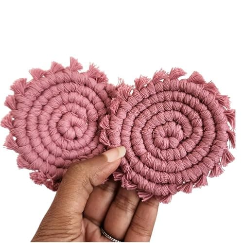 Cotton Car Coasters for Cup Holders, 2PC Car Cup Coasters, Drink Coaster Holder, Cute cupholder Coaster Accessories for Women, Macrame, Boho(Champagne Pink) - Image 1