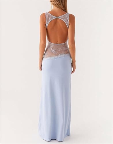 Women Sexy Hollow Out Maxi Dress Sleeveless Backless Lace Pachwork Bodycon Long Dress Y2k Going Out Party thumbnail 5