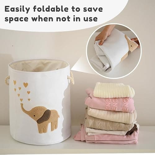 INough Baby Laundry Basket Laundry Hamper, Canvas 58L XL Baby Clothes Basket, Collapsible Brown Laundry Basket for Nursery Toy Baskets with Drawstring Closure, KidsRoom Decor for Boys thumbnail 6