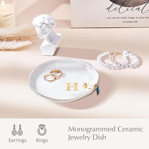 ProCase Ceramic Jewelry Tray, Initial Ring Dish Trinket Plate Engagement Gift, Small Personalized Monogram Ring Bowl for Wedding, White Decorative Jewelry Holder for Women Vanity -Letter H thumbnail 3