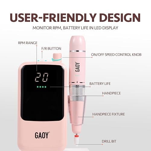 GAOY Rechargeable Cordless Nail Drill for Beginners, Electric Nail File with 12 Drill Bits and Sanding Band Set for Acrylic and Gel, Pink thumbnail 5