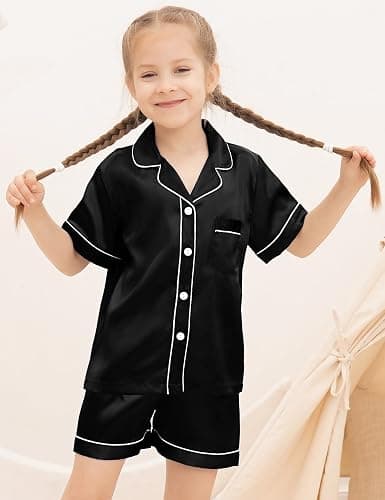 SWOMOG Kids Satin 2 Piece Pyjamas Sets Soft Short Sleeve Teen Girls Boys Sleepwear Button Down Top and Shorts Age 4-15 thumbnail 2
