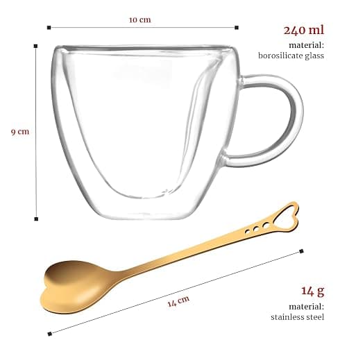 Heart Shaped Cup - Double Walled Insulated Glass Coffee Mug or Tea Cup - Double Wall Glass 10oz (300ml) - Clear - Unique & Insulated with Handle - With Teaspoon thumbnail 2