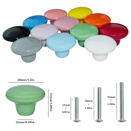 YMAISS 12packs Colorful Ceramic knobs Round Mushroom Cabinet Dresser Vintage pulls Door Handles Drawer Knob Pull Handle Dresser Pulls Cupboard Wardrobe Drawer knobs with Screws thumbnail 3