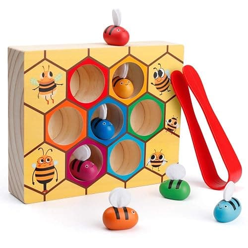 Coogam Toddler Fine Motor Skill Toy, Clamp Bee to Hive Matching Game, Montessori Wooden Color Sorting Puzzle, Early Learning Preschool Educational Gift Toy for 3 4 5 Years Old Kids - Image 1