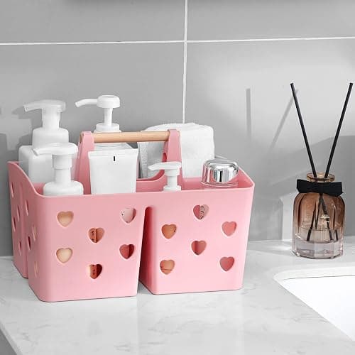 Anyoifax Portable Shower Caddy Plastic Shower Basket Organizer Divided Bathroom Caddy Storage Cleanning Caddy Tote with Handle for College, Dorm Room, Kitchen, Pink - Pink thumbnail 2