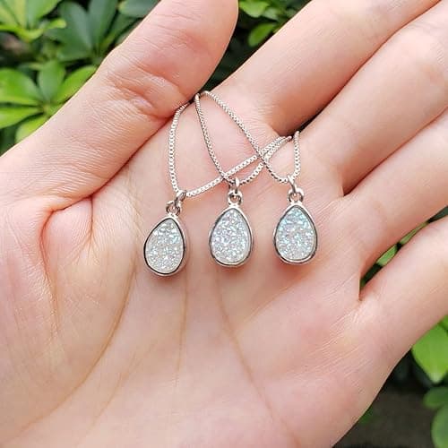 Adabele Natural Druzy Necklace Small Tiny Teardrop Gemstone Pendant 18 inch Sparkly Agate Stone Crystal Women Jewelry Tarnish Resistant Stainless Steel/Gold Plated Chain thumbnail 5