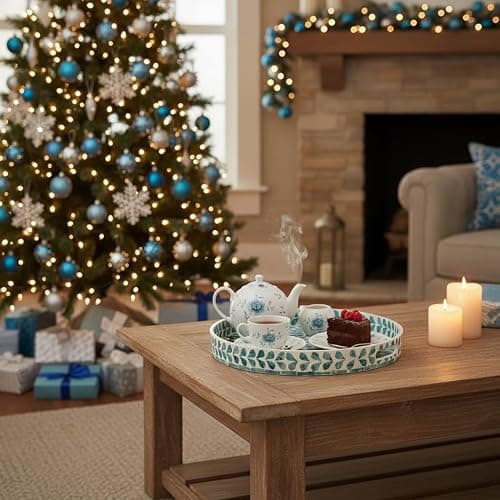 PEMAR 12.6” Mother of Pearl Round Serving Tray with Handles, Decorative Nacred Wooden Ottoman Coffee Table Tray (Teal Floral Pattern) thumbnail 4