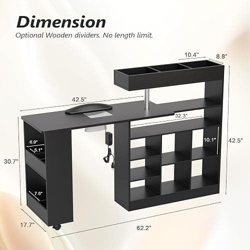 OmySalon L-Shaped Black Nail Desk Manicure Table 42.5 x 33.5 x 42.5 in | Rotatable, with Dust Collector Arm Rest, Divided Cart, Storage Shelf, Acetone Resistant MDF Board, Easy Clean, for Small Room thumbnail 2
