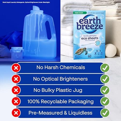 Earth Breeze Laundry Detergent Sheets Fresh Scent - 60 Loads Eco Liquidless Soap - Travel-Friendly for Hot & Cold Cycles, Tackles Tough Stains & Odors - Gentle on Skin, 30 Ct thumbnail 6