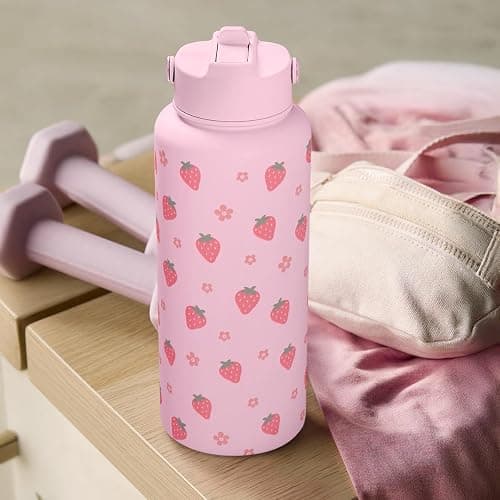SANDJEST Strawberry Water Bottle 32oz Stainless Steel with Lid & Straw, Insulated Bottles for Women Girls, Gifts Ideas for Birthday Christmas thumbnail 7