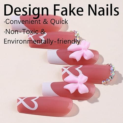 YKZFUI French Tip Press on Nails with Charms Medium Fake Nails White French Nails Press ons Cute Bow Stick on Nails Long Square Shape Acrylic Nails Heart Nails Rhinestones Nails for Women Daily Wear thumbnail 4