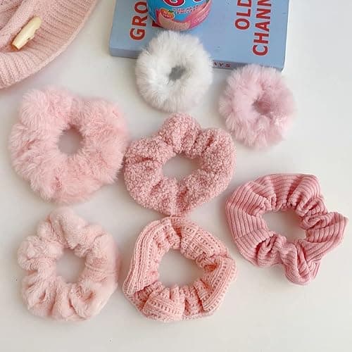Yonchic 7-Piece Velvet Solid Elastic Hair Ties, Gentle Style Scrunchies for Women Long Thick Hair, No Damage Hair Scrunchies Rubber Bands Accessories (Pink) thumbnail 2