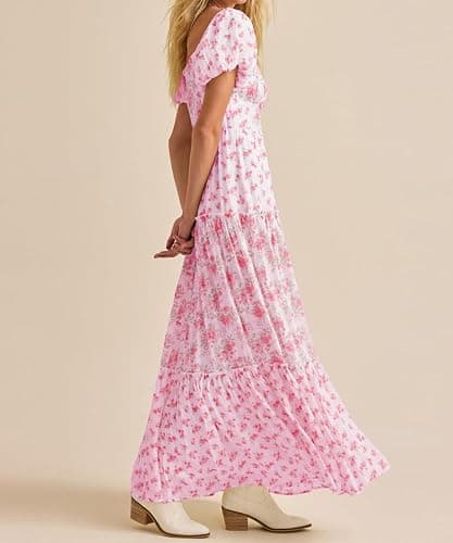 HUROGON Women's Boho Floral Dress Lace Patchwork Maxi V Neck Puff Sleeve Backless Sundress Tiered Ruffle Hem Dresses thumbnail 2