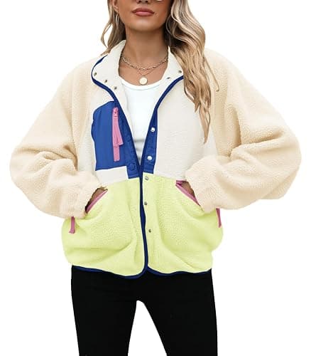 Yanekop Womens Fleece Jacket Button Down Sherpa Jacket Fuzzy Sweaters | Cozy Cropped Jacket with Pockets, Fluffy Warm Coats, Fuzzy Fleece Sweater, Fall Jacket, Winter Warm Coat, Travel Outfit thumbnail 3